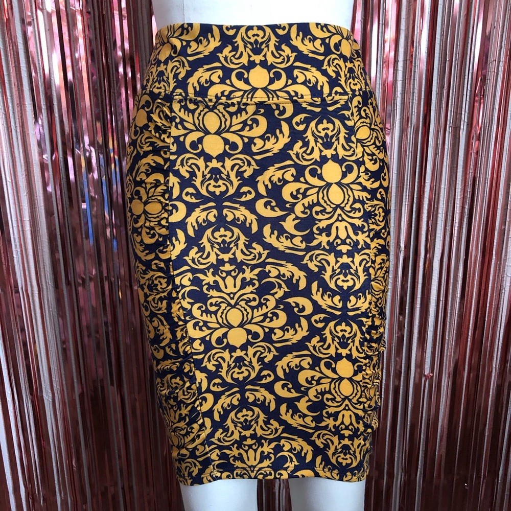 Gold Navy Blue Pencil Skirt